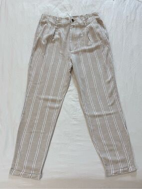 H&M L.O.G.G. Striped Linen Blend Trousers - Beige/Natural Size 10